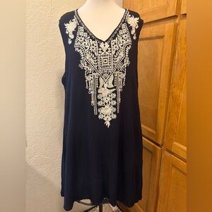 Cute Options XL. Navy Blue Embroidered Rayon Tunic Dress